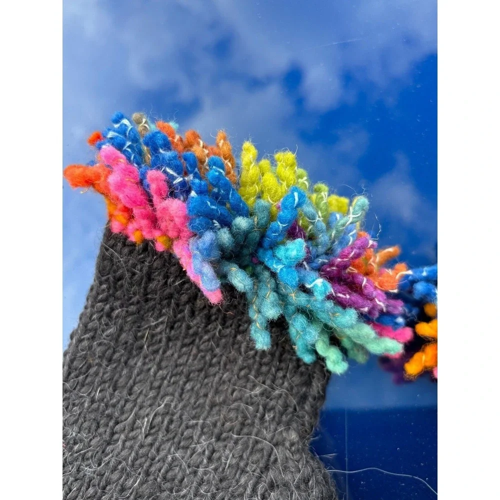 Hand Knit Wool Mittens Charcoal Grey with‎ Rainbow Loop Fringe Trim Boho Winter